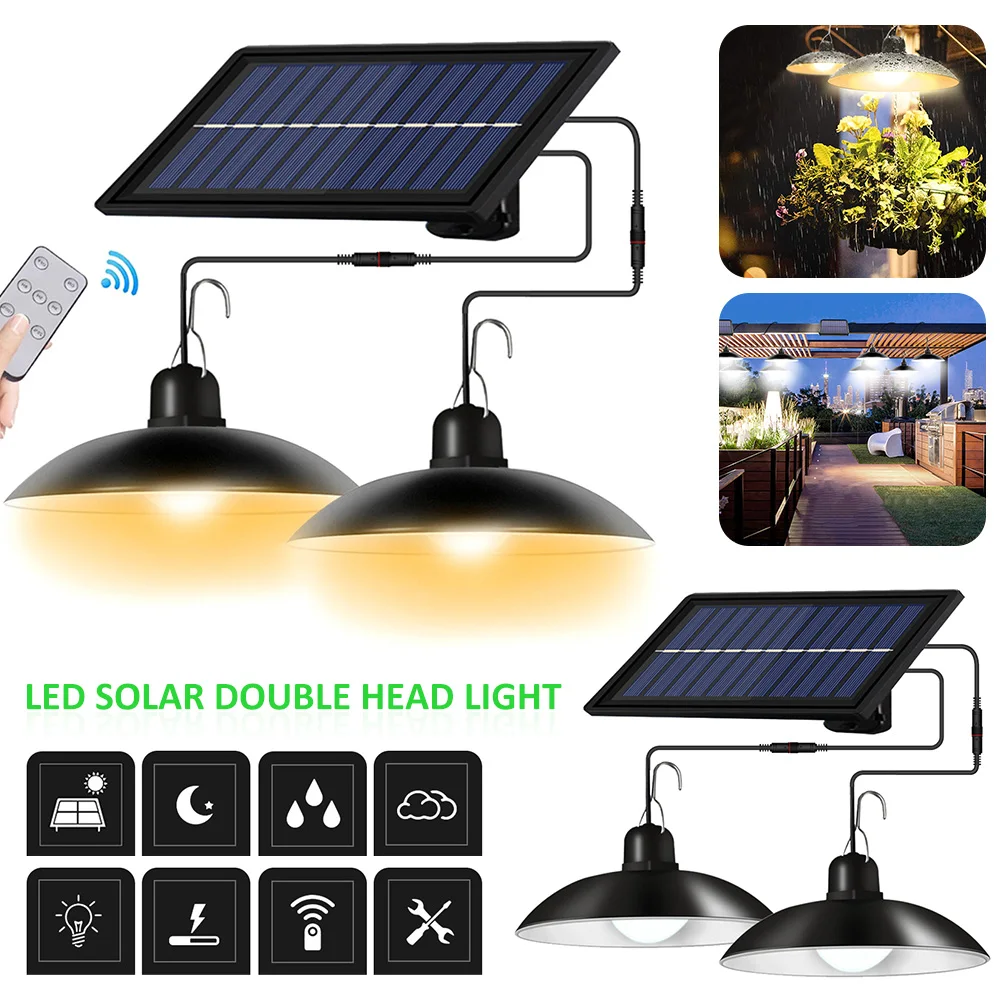

IP65 Waterproof Double Bulb Lamps Portable Solar Pendant Light with Remote Control and 9.84FT Cord for Courtyard, Garden, Etc