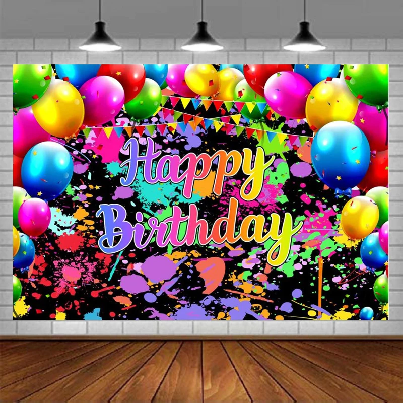 

Neno Glow In The Dark Birthday Photography Backdrop Colorful Graffiti Splash Balloon Flag Background Let's Dance Party Decor