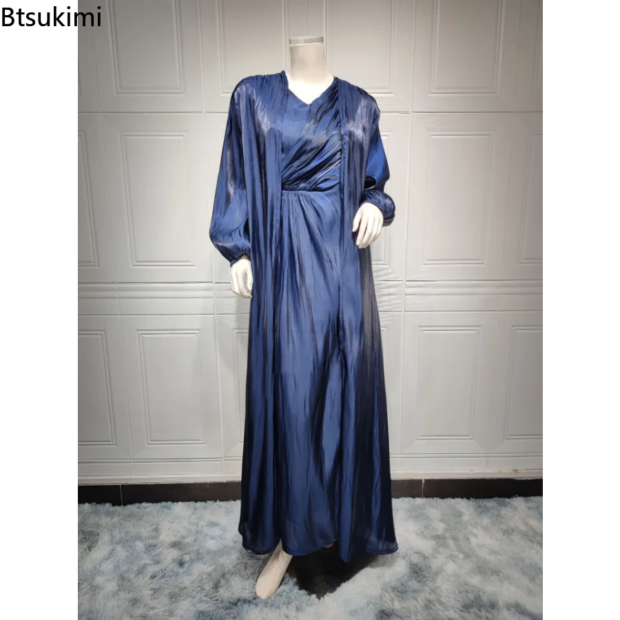 Women 2 Piece Set Silky Satin Abaya Dubai Muslim Dresses Morocco Party Dress Eid Caftan Evening Long Robe Vestidos Abayas Robe
