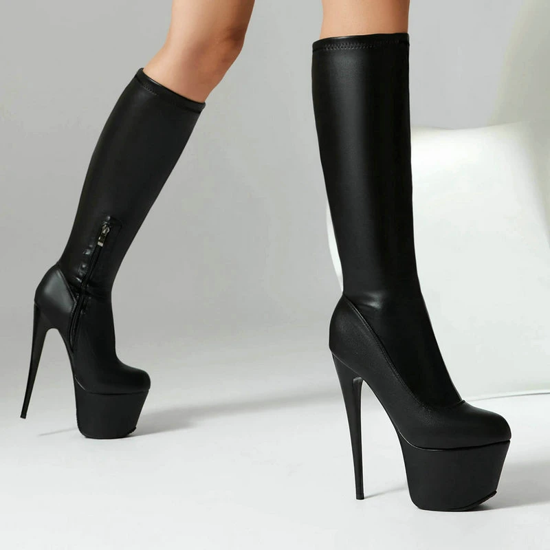 Черный красный 2025 г. женские сапоги до колена на платформе тонком высоком каблуке