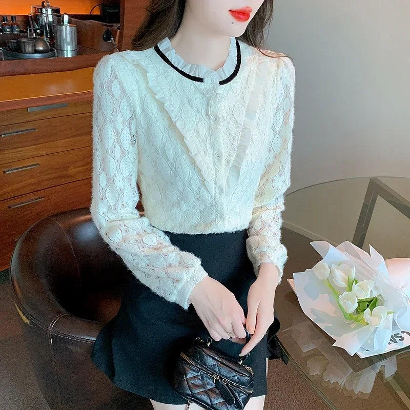 Модная кружевная женская рубашка с рюшами и оборками бархатная утепленная