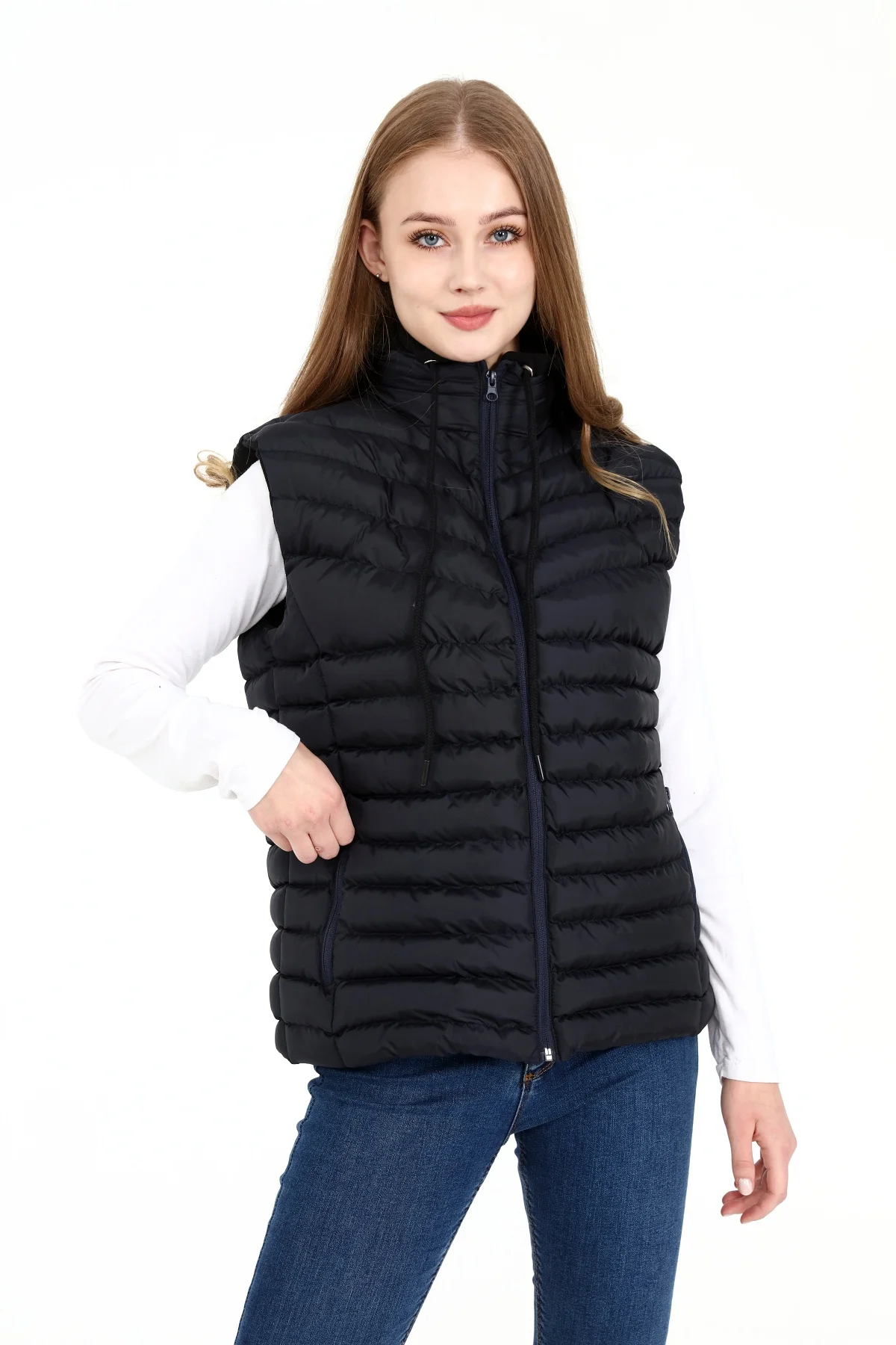 

Pianoluce Women Knitted Hooded Puffer Vest Navy Blue PLWM22YE001