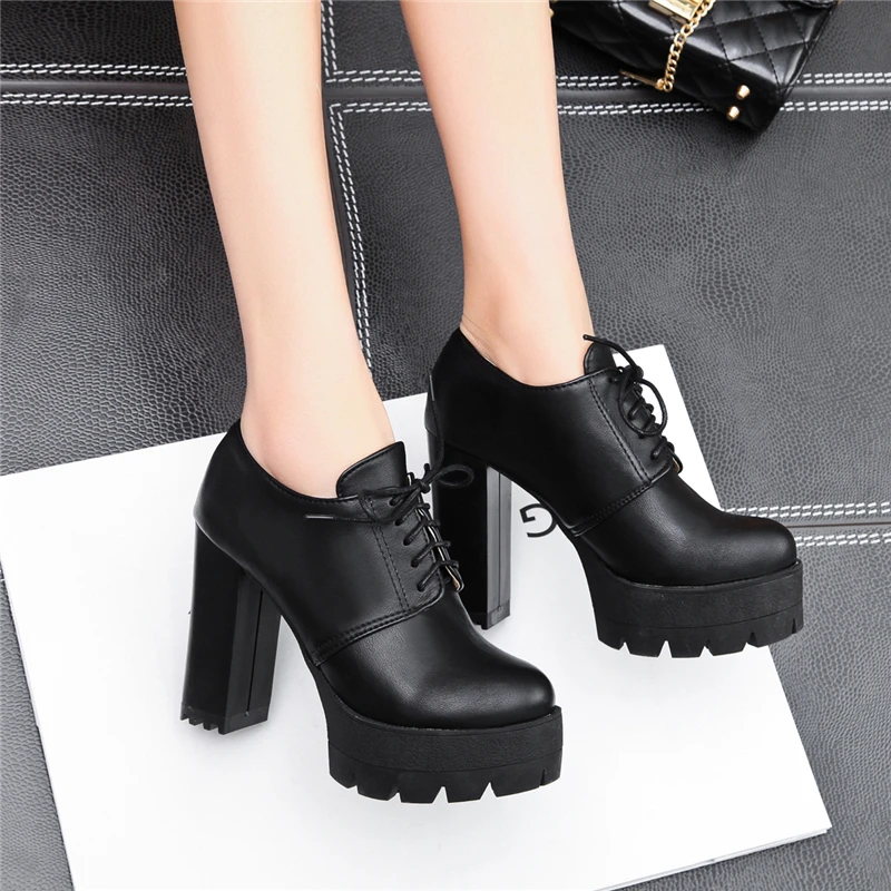 

Top Quality New Large Size 34-43 Lace Up Black White Square High-heeled Women Shoes Cool Platform Date Pumps