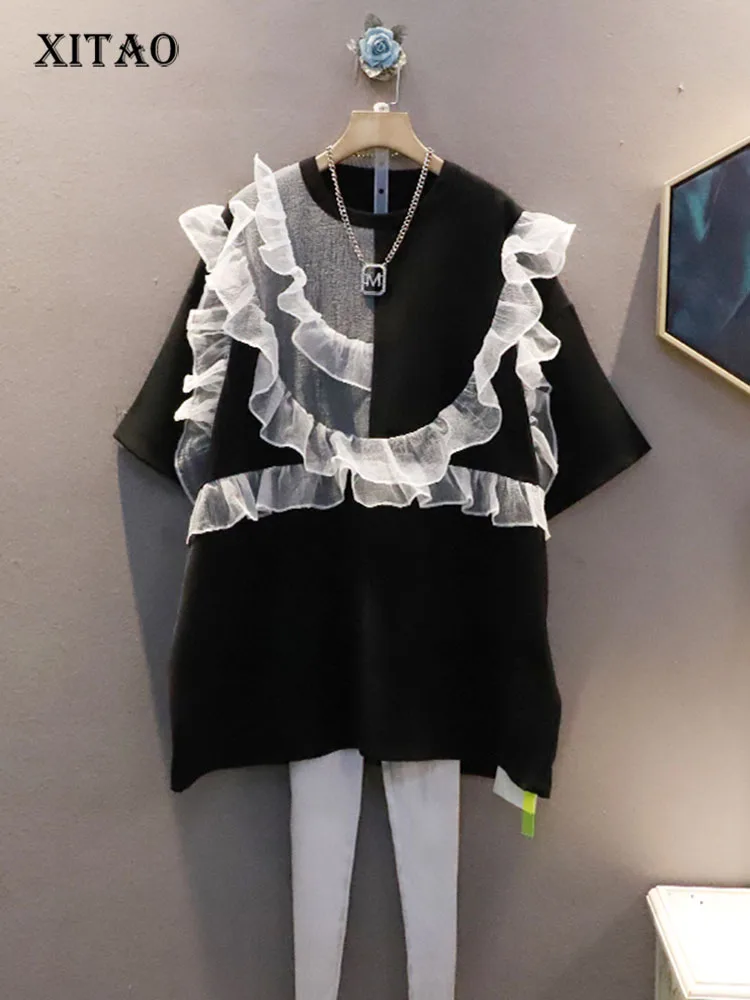 

XITAO Patchwork Mesh T-Shirts Fashion Sweet Irregular Ruffles O-neck Casual Loose Large Size New Arrival Women WLD7536