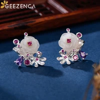 geezenca white jade zircon flower 925 sterling silver stud earrings for women romantic cute small earring exquisite accessory