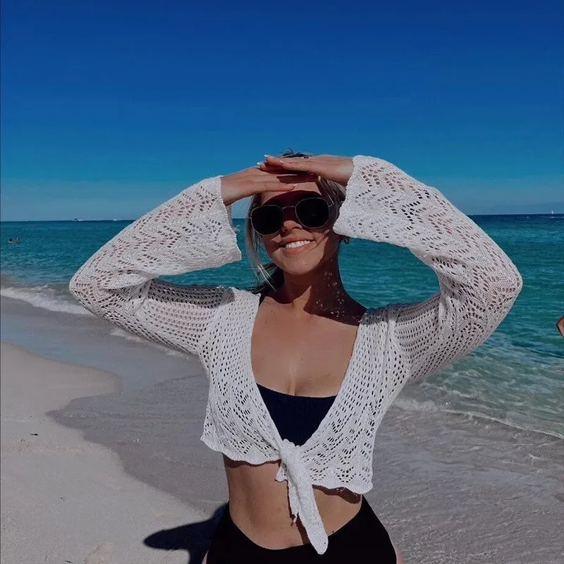 Новинка 2022 Модная вязаная крючком накидка на бикини летний однотонный купальник
