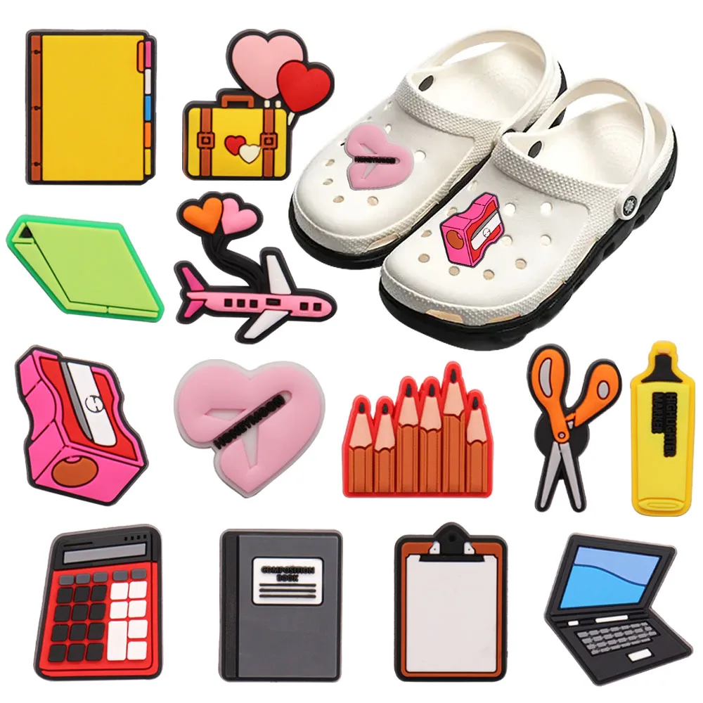 

Wholesale 50pcs PVC Shoe Charms Pencil Notebook Schoolbag Book Accessories Shoe Buckles Fit Croc Jibz Kids Party Present