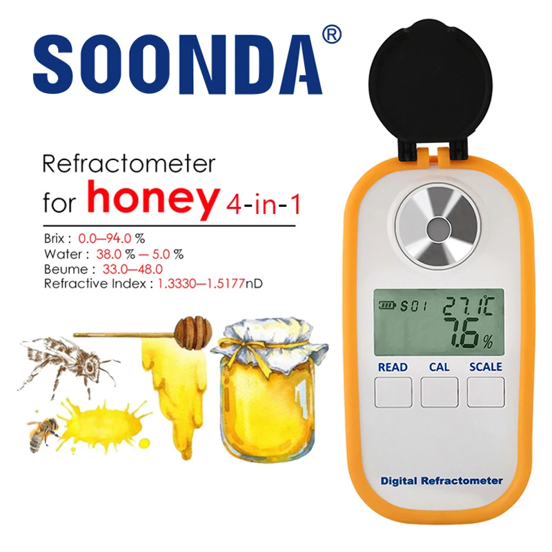 

0-94% Digital 4-in-1 Honey Refractometer Measuring Honey Moisture Brix Sugar Water Baume Content Hydrometer Meter For Beekeeping