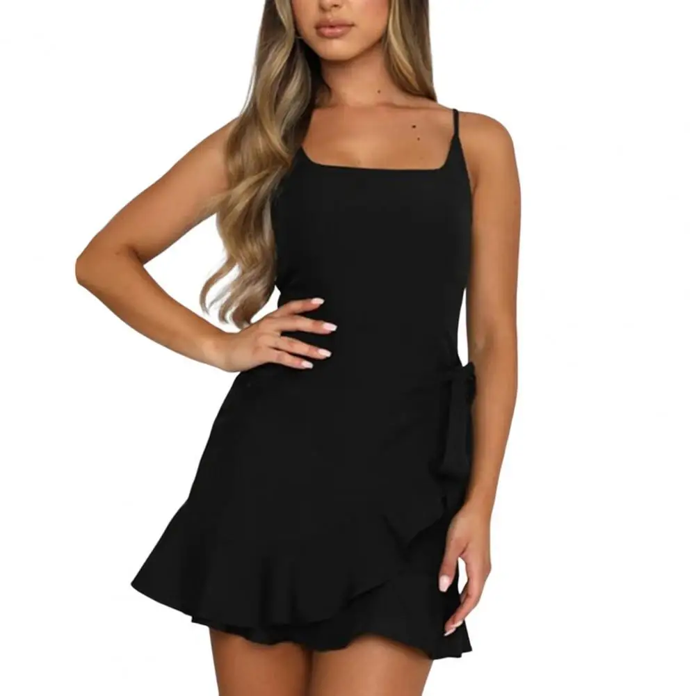 

Mini Dress Solid Color Low Cut Fashion Flounced Edge Sling Dress for Party