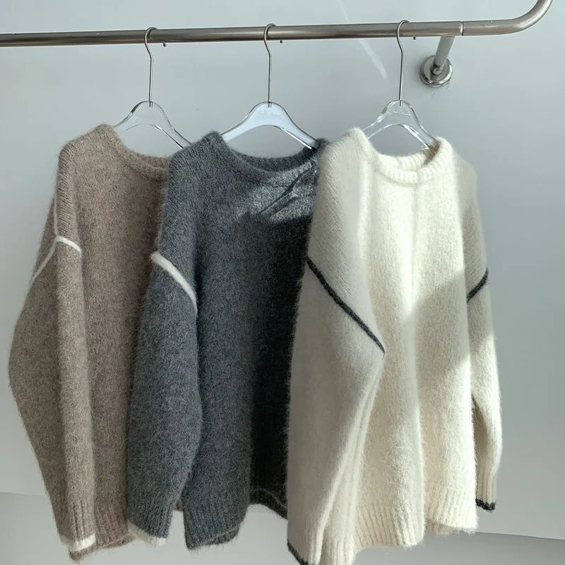 

Женский трикотажный пуловер с круглым вырезом, однотонный Повседневный пуловер с длинным рукавом в Корейском стиле, Осень-зима 2023