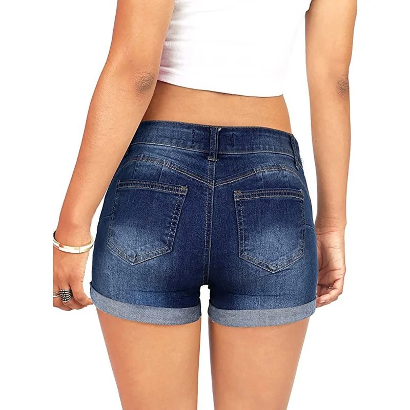 2023 Summer Women's Mini Casual Vintage Short Jeans Female Low Waisted Washed Ripped Hole Elasticity Denim Shorts with Pocket