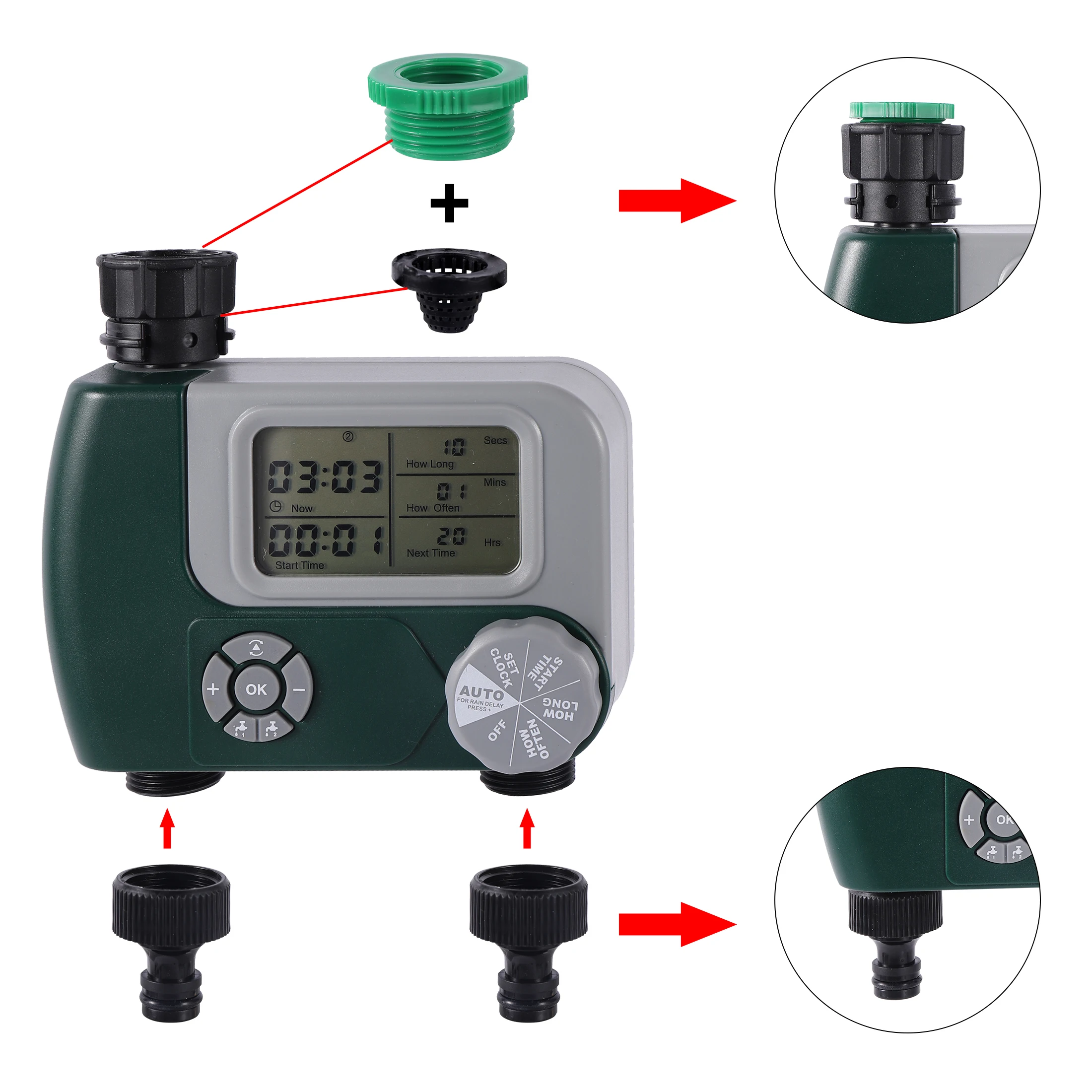 Ball Valve Electronic Automatic Watering Two Water Outlets Large Screen Digital Timer Irrigation Controller for Garden/Courtyard