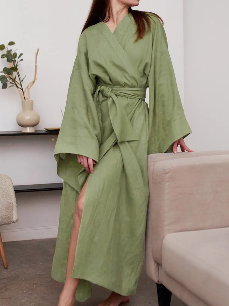 

Linad Green Robes For Women Loose Long Sleeve V Neck Sleepwear Sashes 2023 Autumn Bathrobe Female Casual Nightwear Solid Pajamas