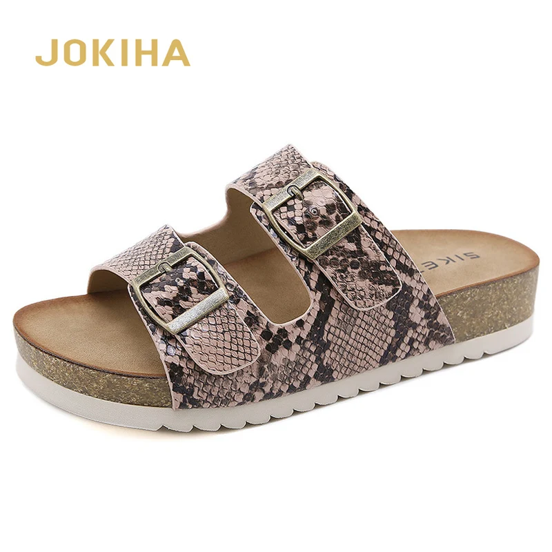 

Женские босоножки на пробковой подошве, сандалии из искусственной кожи на плоской подошве со змеиным узором, пляжная обувь, большие размеры...