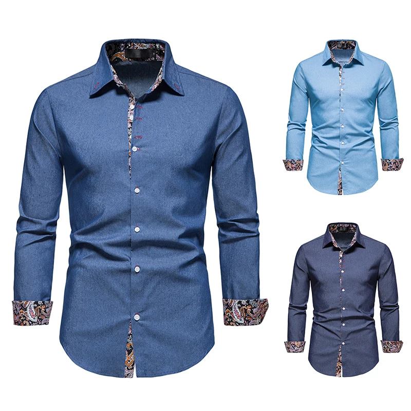 

2022 Spring and Autumn New Men's Fashion Casual Shirts Solid Color Long Sleeve Shirts Long Sleeve Denim Contrast Color Shirts