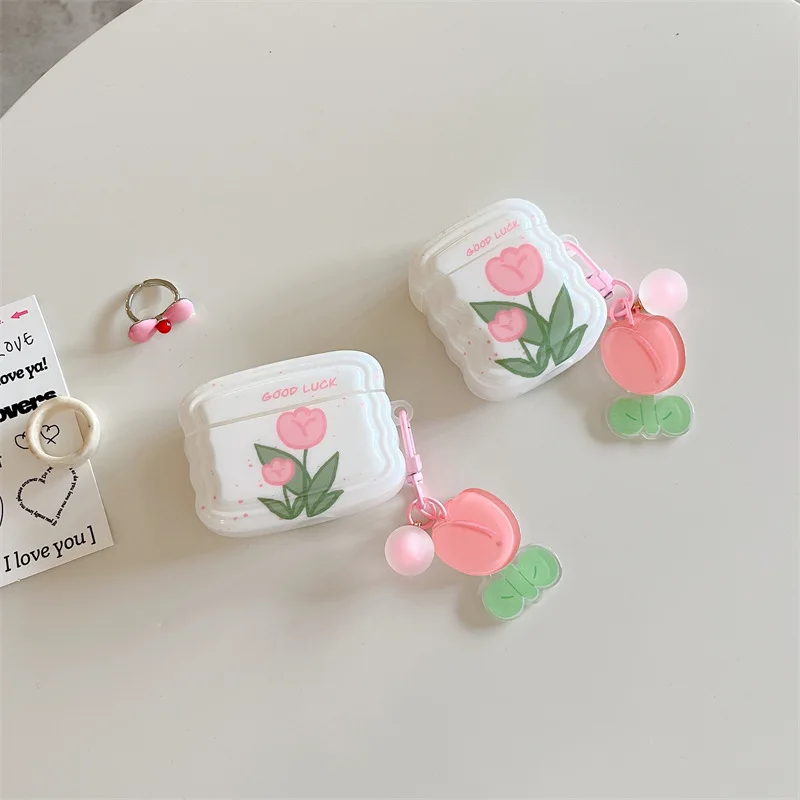 

Pink Tulip Flower Pendant Case for AirPods Pro2 Airpod Pro 1 2 3 Bluetooth Earbuds Charging Box Protective Earphone Case Cover