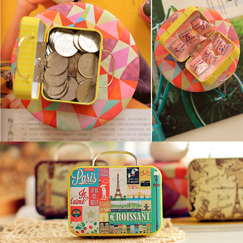 

Vintage Mini Suitcase With Handle Candy Metal Storage Box For Wedding Gifts Candy Chocolate Print Travel Portable Container
