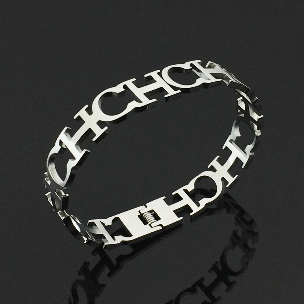 

Hollow CH Letter Charm Stainless Steel Bracelet Men Women Wedding Party Lucky Open Wrap Bangles Fashion Jewelry YP8902