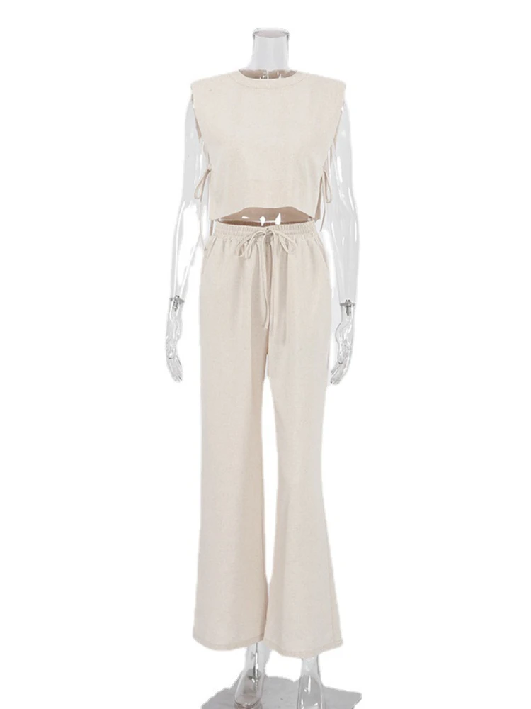 QWEEK Cotton Linen Women's Pajamas Vest Top and Pants Two Piece Trouser Suits Basic&Casual Loungewear Summer Sleepwear