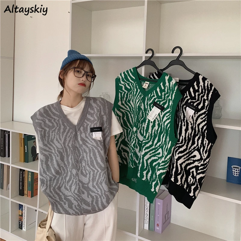

Женский осенний свитер с зеброй, Свободный Топ без рукавов в стиле ретро с V-образным вырезом, универсальный Дамский уличный шик в стиле Хара...