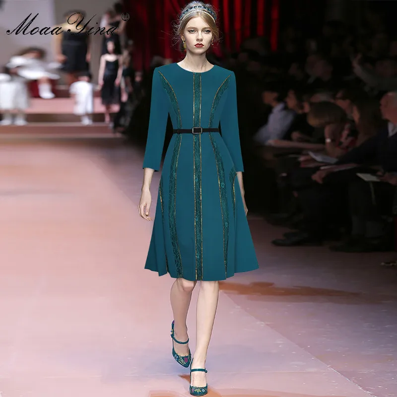 

Fashion Designer dress Spring Women's Dress Lace Sstripe Beaded Lace-up Elegant Dresses