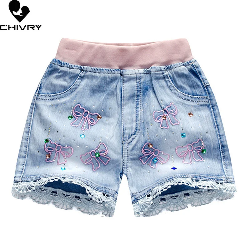 

New 2022 Kids Girls Summer Denim Shorts Baby Girls Cute Cartoon Embroidery Laced Shorts Casual Jeans Short Pants Clothing