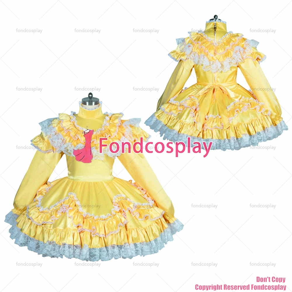 

tailor-made sexy adult dressing cross maid sissy short french lockable yellow satin dress white lace tv tv/cd[g3918]