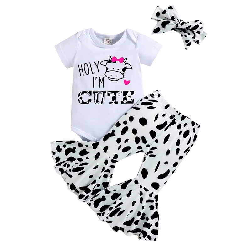 

2022 Infant Baby Girls Cute Clothes Set Letter Cow Head Print Short Sleeve Romper Milk Cow Skin Pattern Flare Pants Bow Headband