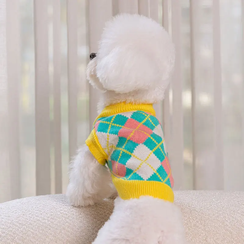 

Color Rhombus Plaid Sweaters Dog Pet Clothing Knitted Sweater Dogs Clothes Print Cute Autumn Winter Purple Boy Girl Yorkshire