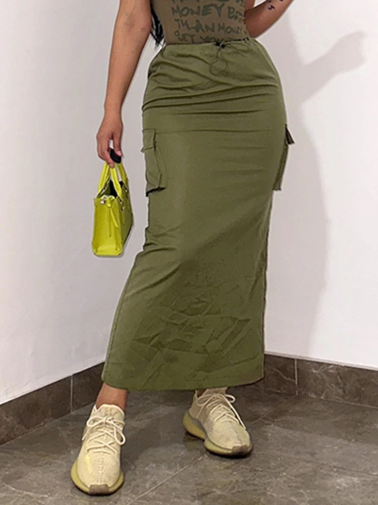 

WeiYao Vintage Green Cargo Skirts Pockets Womens Drawstring Low Waist Casual Long Skirt Streetwear 2023 Summer Outfits for Women