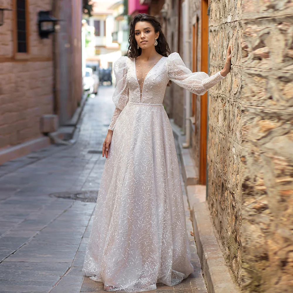 

Elegant Princess Wedding Dress For Bride Puff Sleeves A Line V Neck Formal Shine Bridal Gown Corset Back Sweep Train Robe Soriee