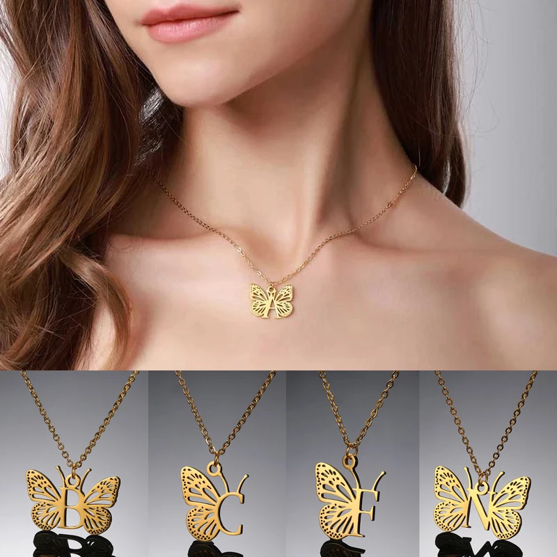 

Women Party Stainless Steel Alphabet Pendant Choker Butterfly Jewelry Initial Letter With Butterfly Necklace Fashion