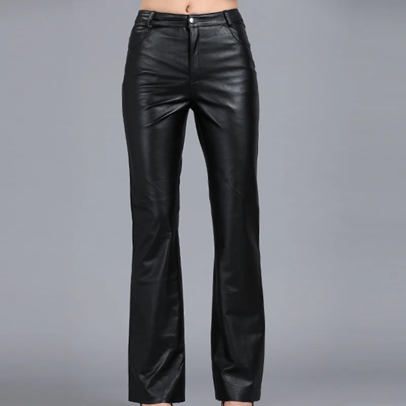 Genuine Leather Pants Autumn Women's Real Sheepskin Pants Mid Waist Casual Pants Womens Soft Leather Pants Women Flare Trousers