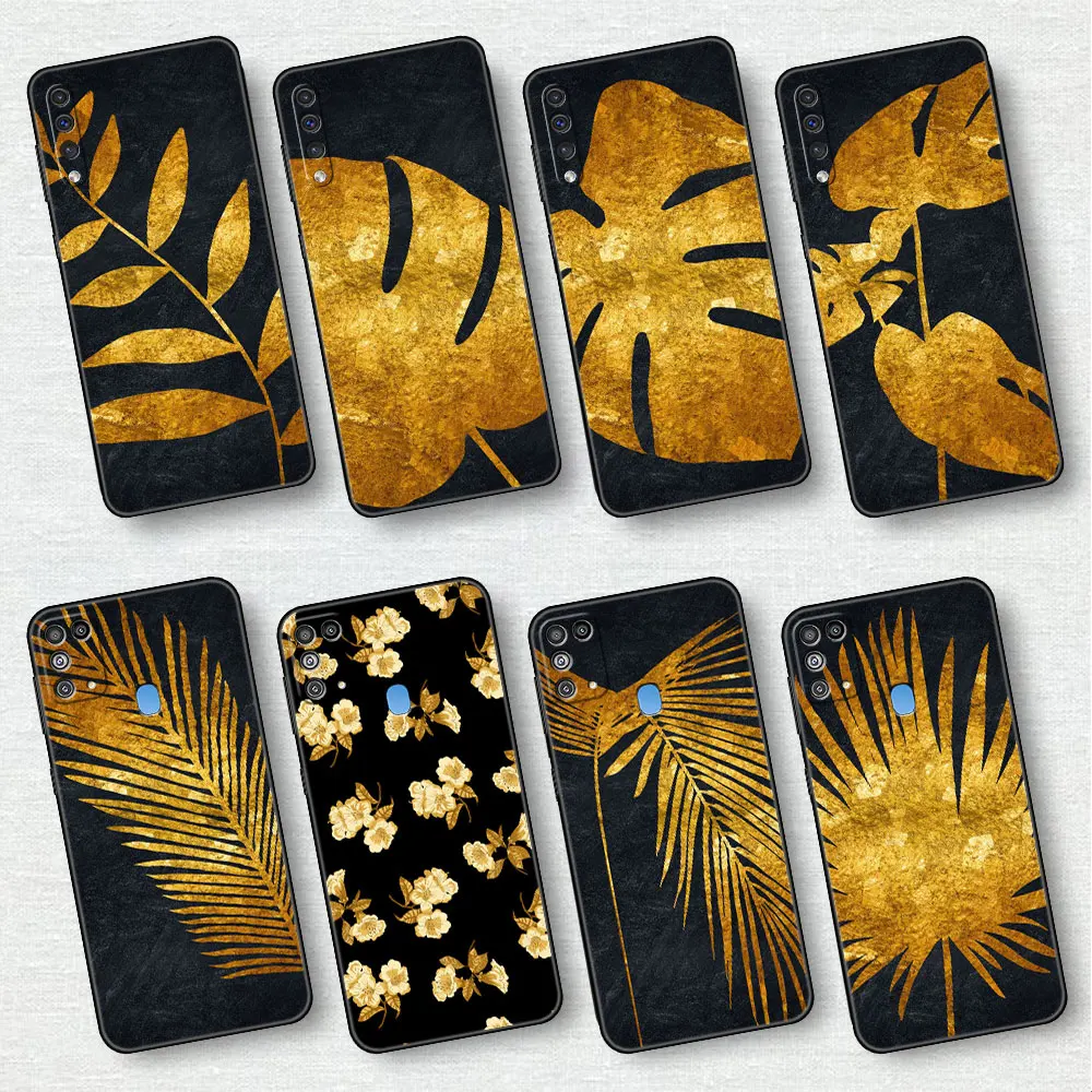 

Gold Flower Leafs Case for Samsung Galaxy A50 A22 A03 A02S M31 A01 A70 A10 M52 A30 A40 A03S A02 Black Phone Soft Cover