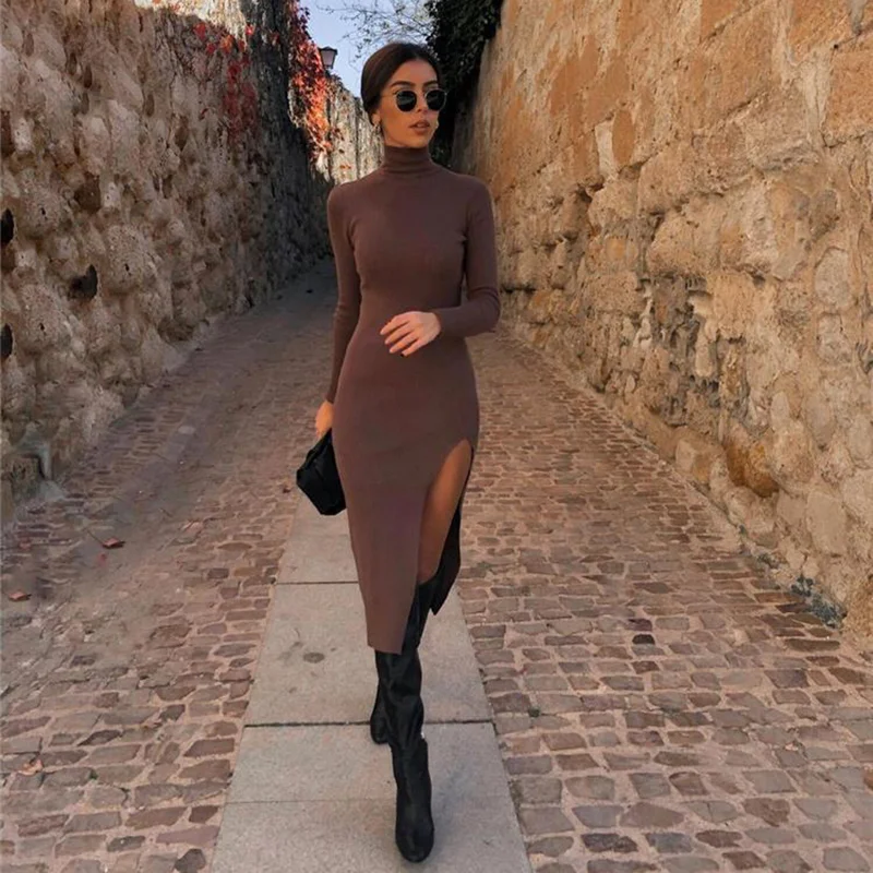 

Sexy Midi Dress Solid Knitted Sweater Dress Women Long Sleeve Tight Slim Robe High Split Woman Clothes Female Vestidos