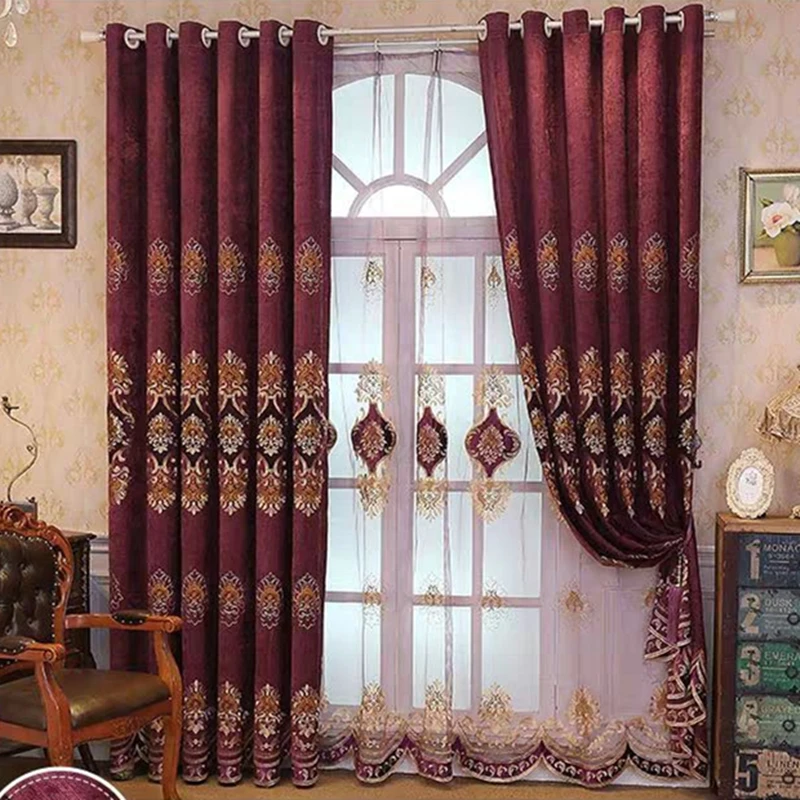 

European Curtains Sheer for Bedroom Living Room Dining Treatment Valance Luxury Chenille Purple Pelmet Drape for Windows