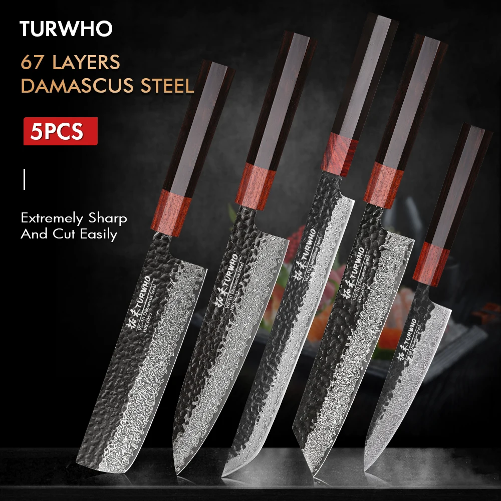 

TURWHO Япония 5 шт. Ручная ковка дамасский VG10 стальной сердечник супер острый шеф-повар искусственный профессиональный набор кухонных ножей