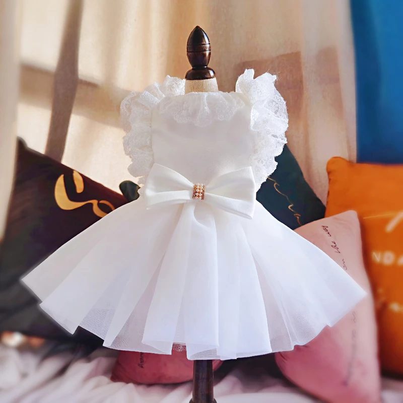 

1pc Noble White Pet Dog Wedding Dress Chiffon Satin Lace Material for Chihuahua Bichon Small and Medium Dog and Cat Pet Supplies