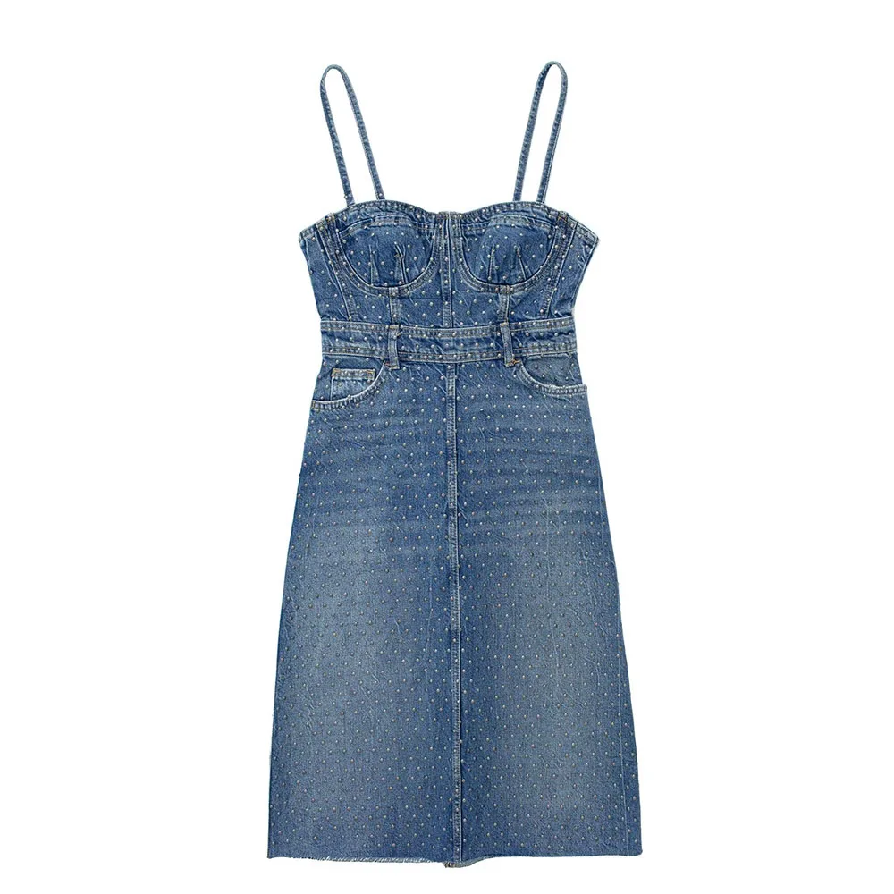 

Early autumn new fashion women's retro fashion hot girl heart-shaped collar strap rivet decoration denim corset dress