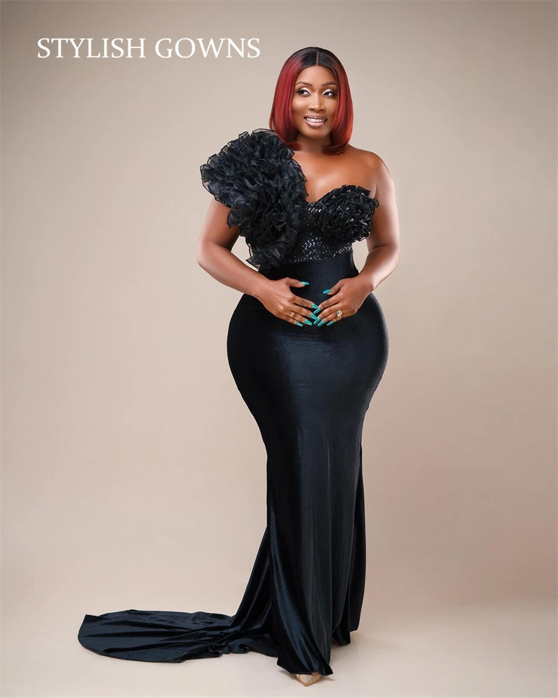 

Black One Shoulder African Evening Dress Ruffles Celebrity Party Gowns Beaded Formal Dresses Mermaid Dinner Gown For Ladies Robe