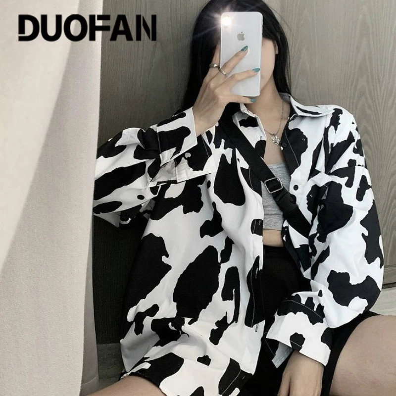 

DUOFAN Women Long Sleeve Shirts Cow Pattern Printing Blouse Design Turn Down Collar Casual Cool Chic Shirt Cardigan Oversize