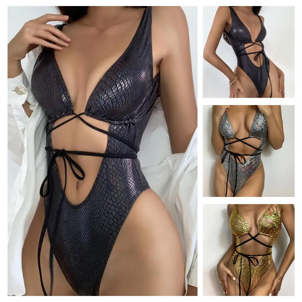 

4Colors Sexy Women Snake Skin Swimwear Lace-up One Piece Bodysuit Bikini Swimsuit Thong Beachwear Swimming Backless Bathing Suit