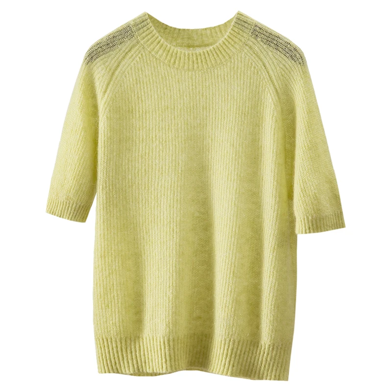 

Thin Summer Pullover Women Short Sleeve High-quality 47% Wool 20% Mohair O-Neck See Though Casual A-straight Sweater