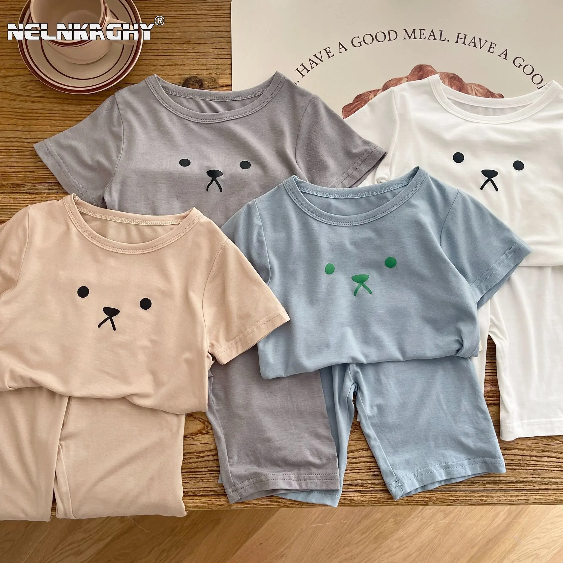 

New in 2023: cute 2Pcs kids Baby Girls Boys Summer Pajama Set Short Sleeve Bear Top Solid Color Pants - Infants Children 3M-6Y