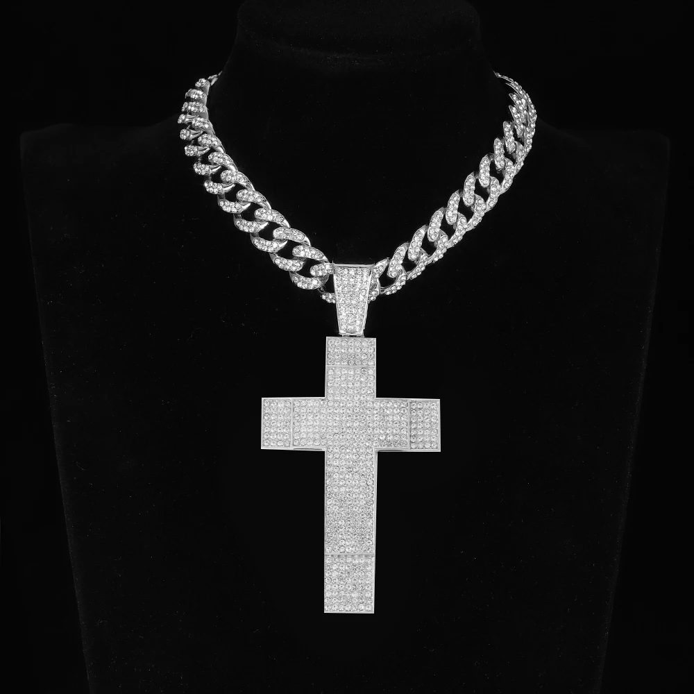 

Мужское ожерелье из кубинской цепи, сверкающее ожерелье с подвеской крест в стиле хип-хоп, серебристого цвета, 13 мм