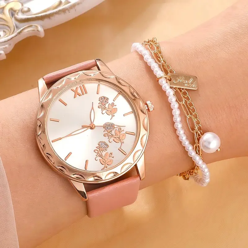 

Часы наручные женские кварцевые с розовым циферблатом, 2 шт./комплект