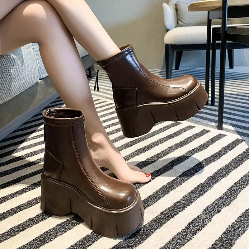 

Chelsea Boots for Women 2022 Autumn and Winter New 8cm Raise the Bottom Fleece-Lined Vintage Muffin Martin Thin Booties