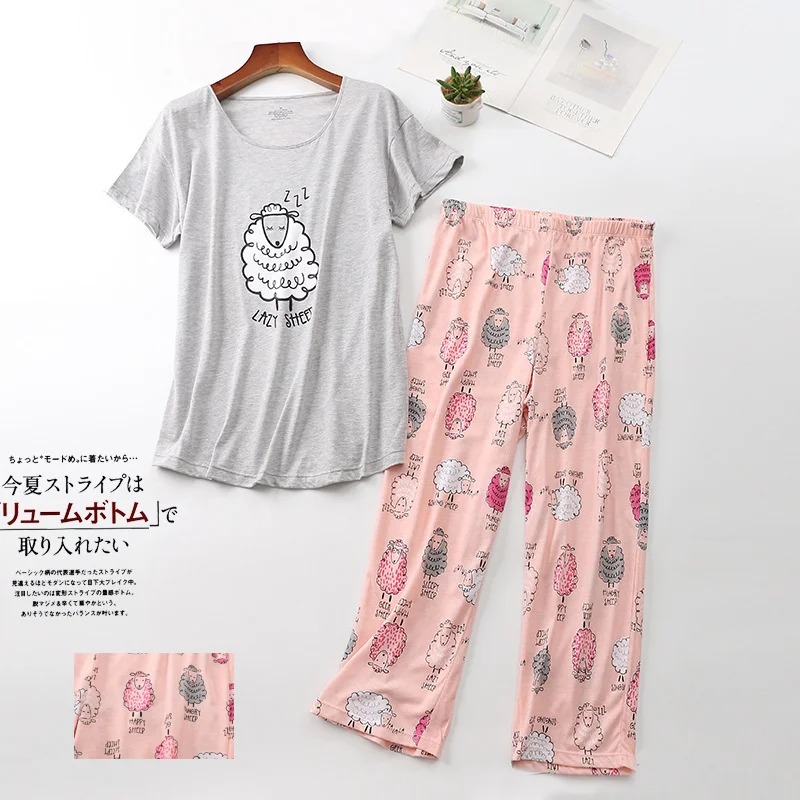 Women's Pajamas Set Cartoon Short Sleeve Tops Long Pants 2Piece/Set Casual Pyjama Big Size Mom Homewear Cozy Plus Sleepwear