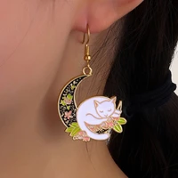 sleeping white cat on floral moon earrings kitten gold silver hooks hoops clip on animal botanical