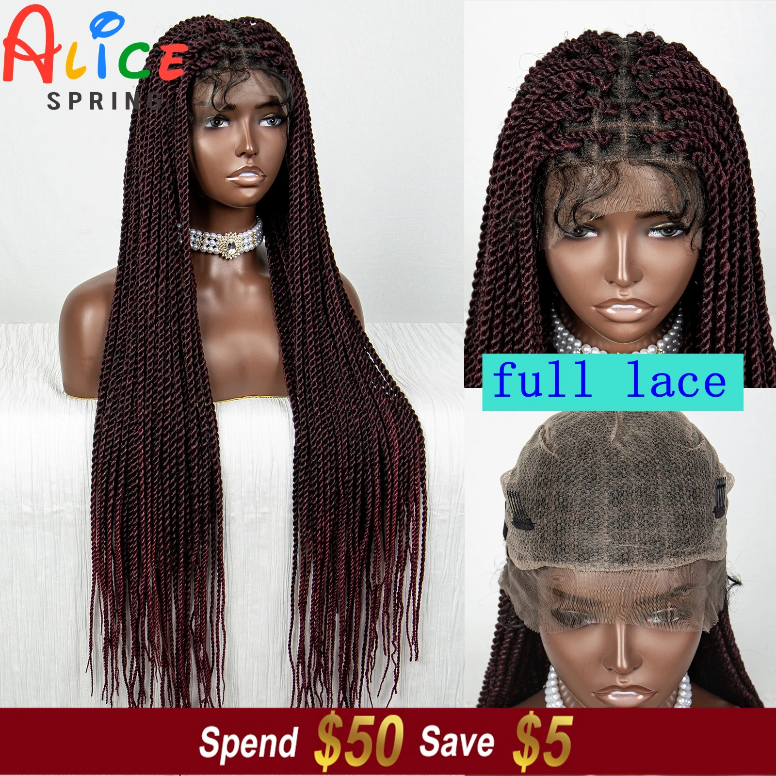 

40 Inch Straight 99J Synthetic Full Lace Braided Wigs Crochet Braiding Hair Wig Pre Plucked with Baby Hair Braided Wig for Women